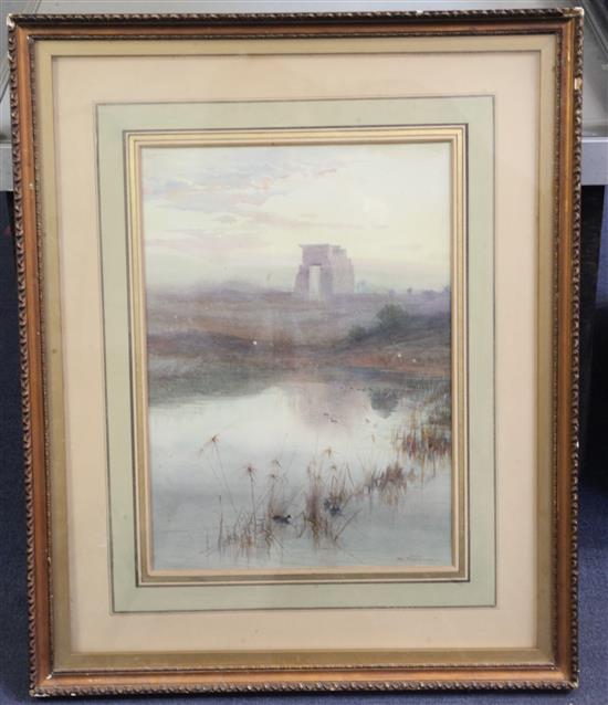 Charles Whymper (1853-1941) Coots in marshland with ruins of Luxor beyond 14 x 10in.